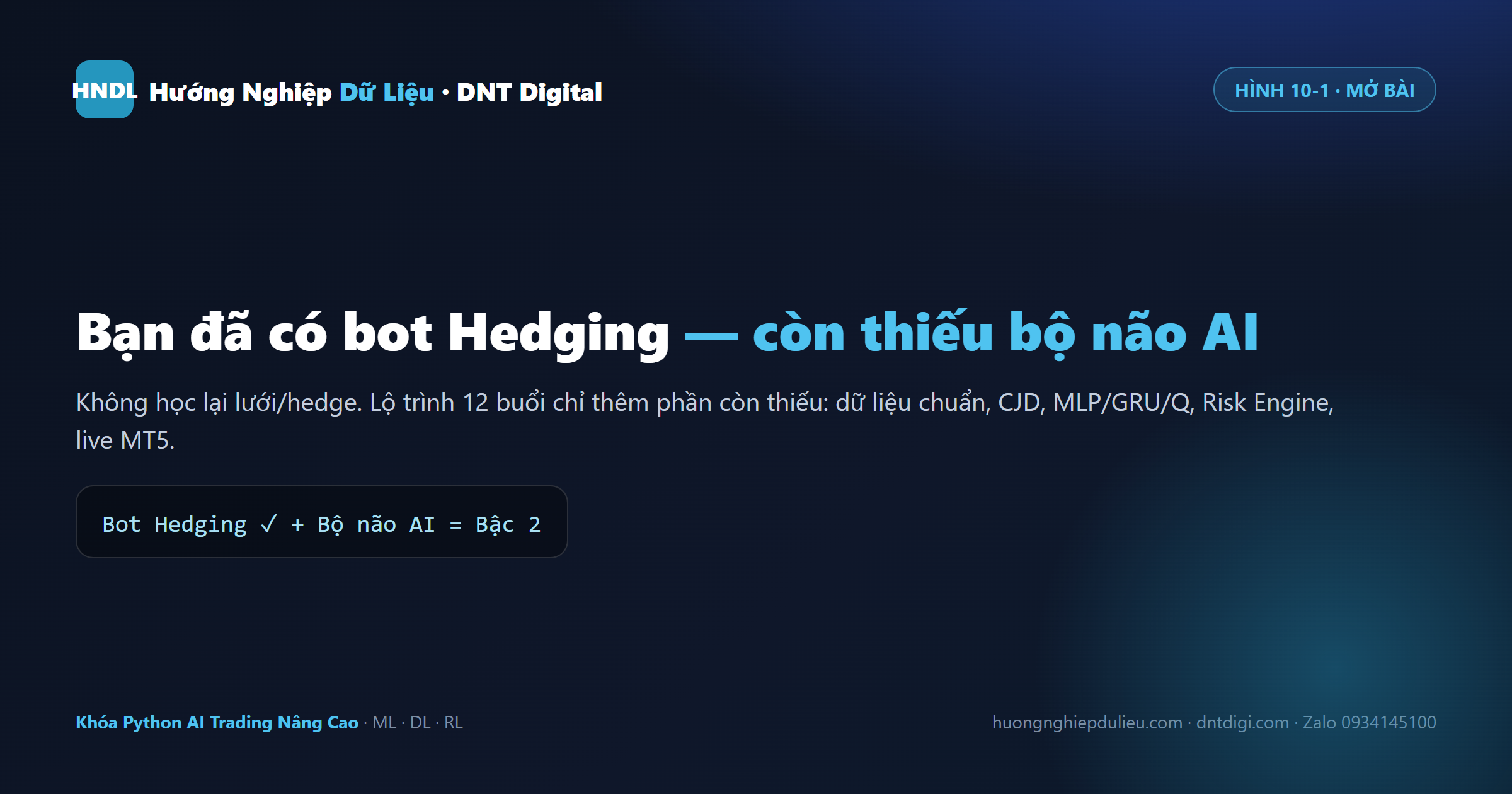 Lộ trình 12 buổi 4 giai đoạn: dữ liệu → ML/DL/RL → backtest → live MT5 — cho người đã biết bot Hedging
