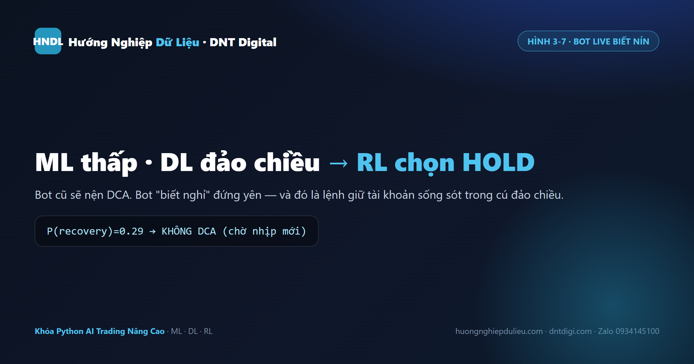 Bot live biết nín: ML chấm P(recovery) thấp, DL nghiêng đảo chiều, RL chọn HOLD → không nện DCA