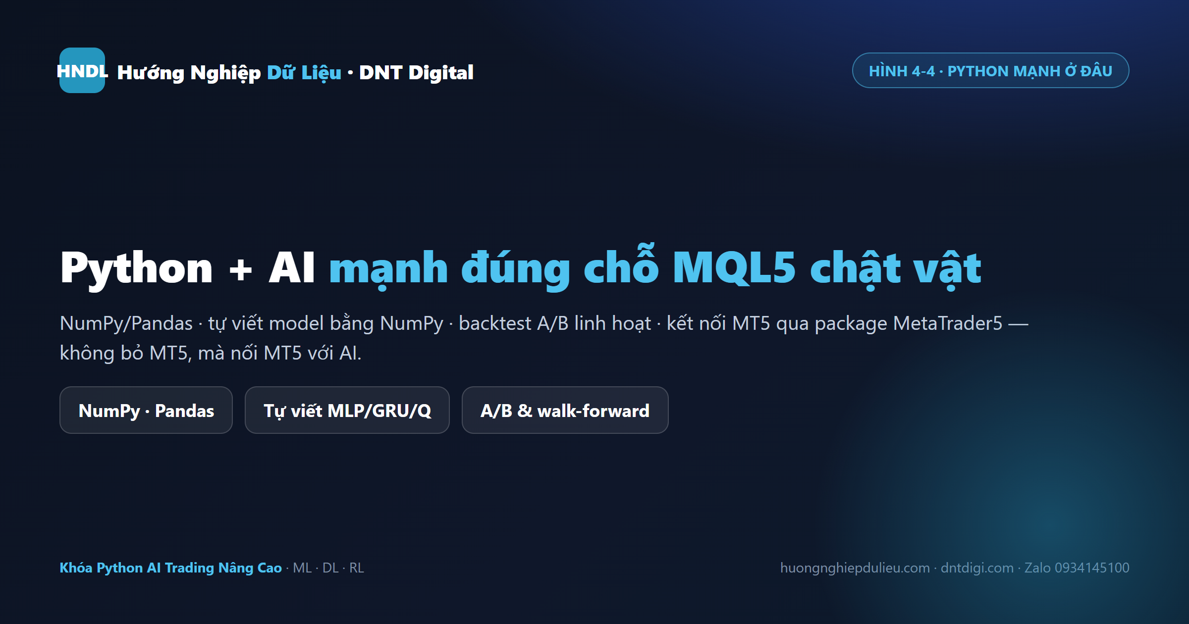 Python + AI mạnh đúng chỗ MQL5 chật vật: NumPy/Pandas, tự viết model, backtest A/B, nối MT5 qua API