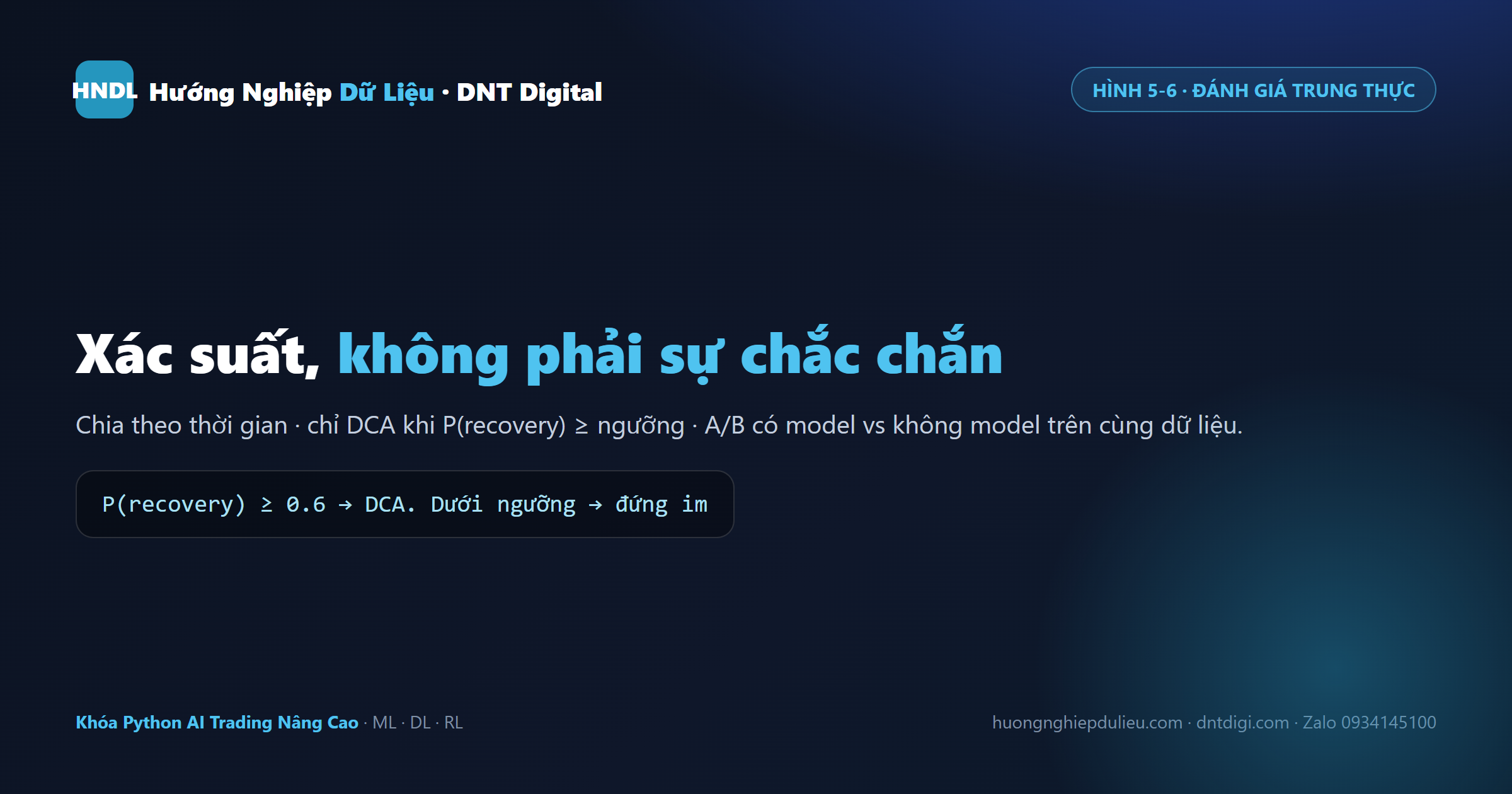 Đánh giá trung thực: chia theo thời gian, chỉ DCA khi P(recovery) trên ngưỡng, A/B có model vs không model