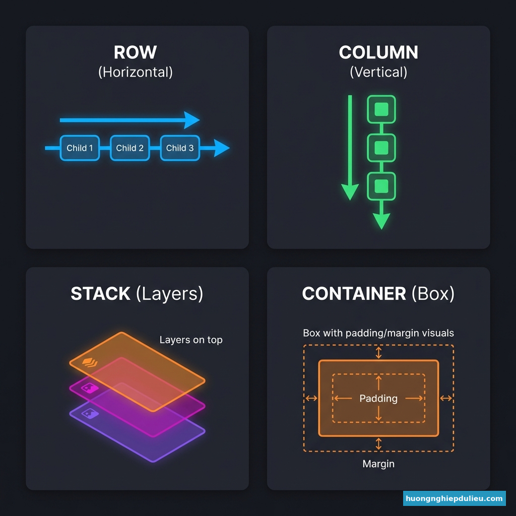 Cheat Sheet Layout Widget: Row, Column, Stack, Container
