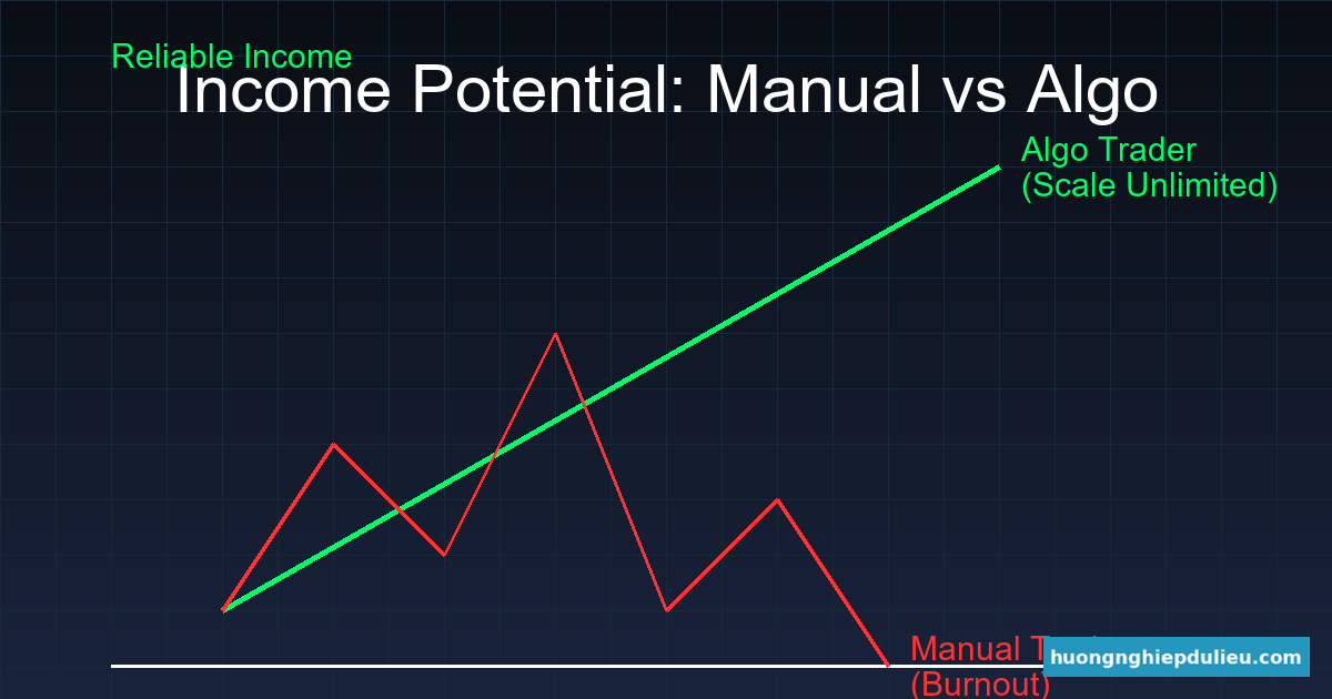 Biểu đồ thu nhập: Trader thủ công (Bấp bênh) vs Algo Trader (Tăng trưởng)