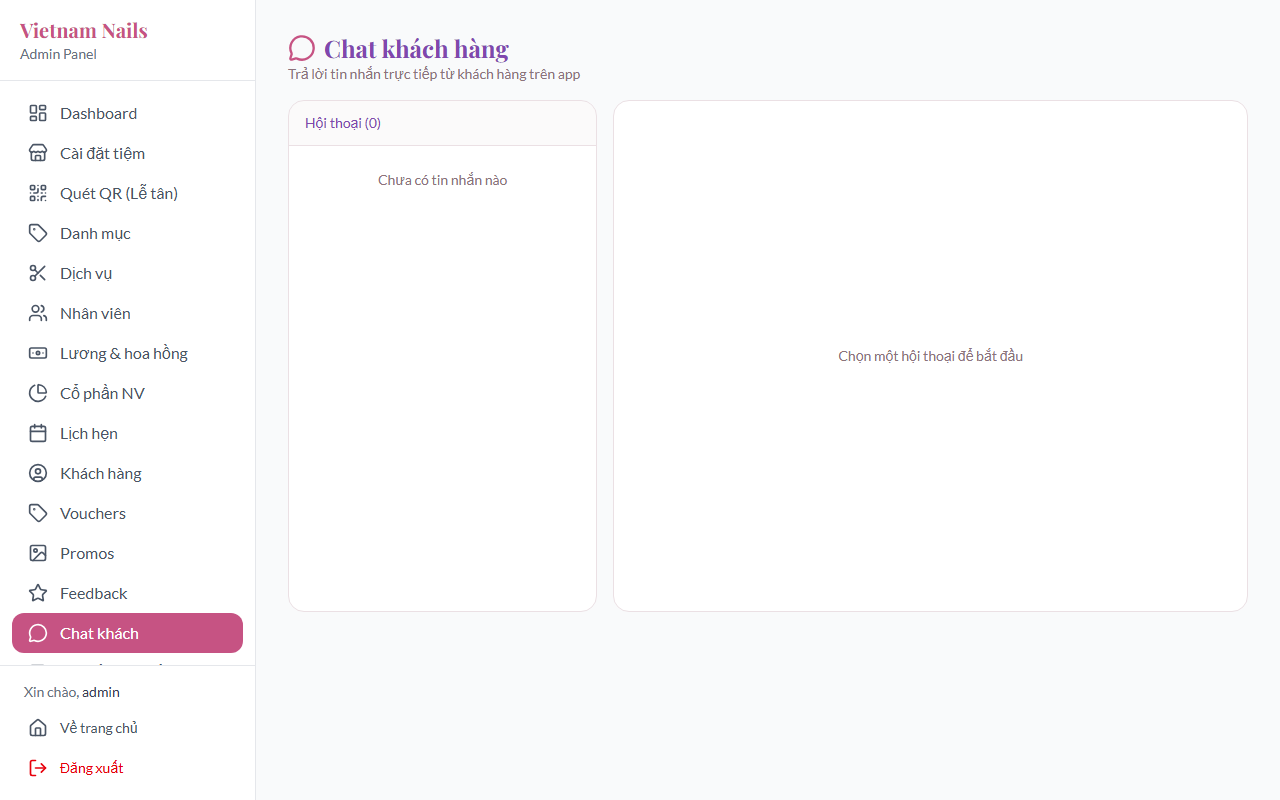 Trang admin chat danh sách hội thoại khách