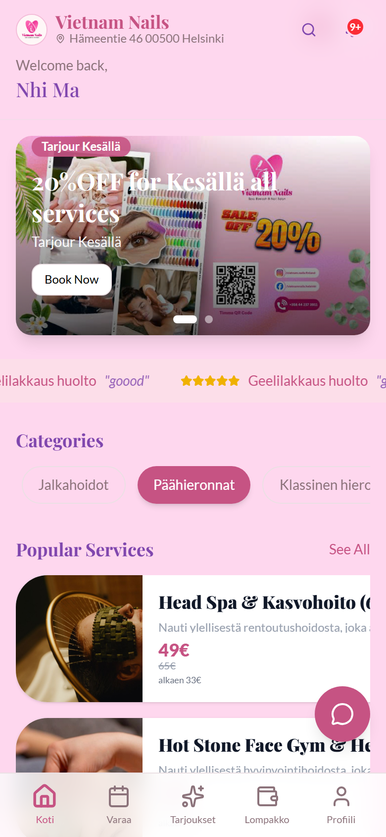Danh mục dịch vụ nail trên app Vietnam Nails