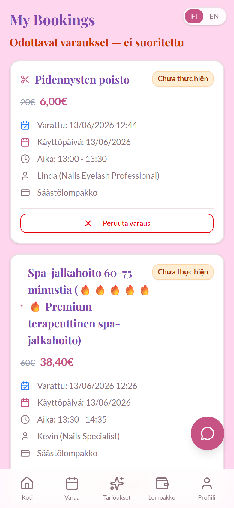My bookings Omat varaukset